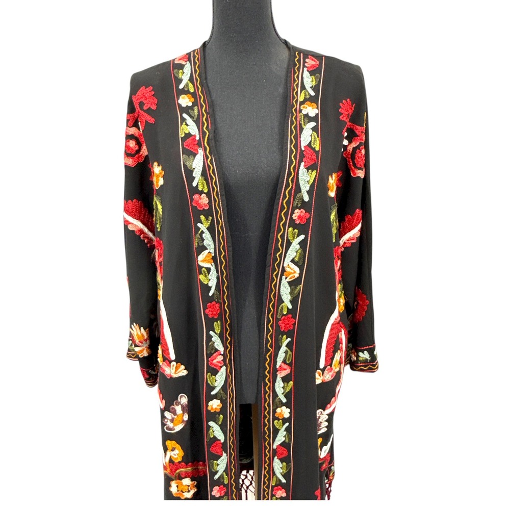 Zara Womens Black Embroidered Kimono Duster Cardigan Fringe Boho Festival M L - Picture 3 of 9